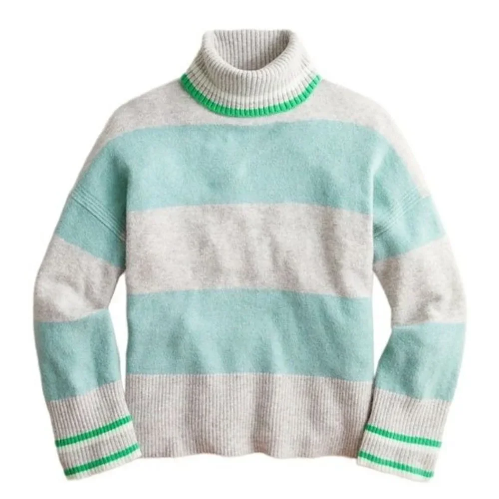 J. Crew Striped Turtleneck Sweater Supersoft Yarn Heather Silver Mint NWT